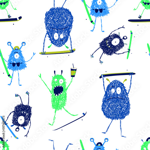 skateboarding vector cute monster prints