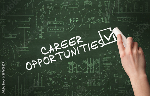 Hand drawing CAREER OPPORTUNITIES inscription with white chalk on blackboard, new business concept