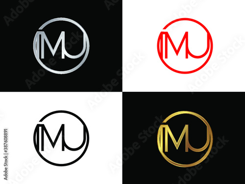 mu Letter logo in circle shape gold and silver colored geometric ornaments. Vector design template elements for your business