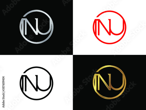 nu  Letter logo in circle shape gold and silver colored geometric ornaments. Vector design template elements for your business