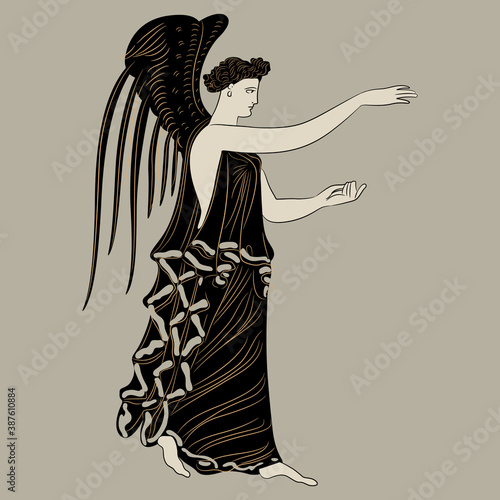 Winged ancient Greek goddess. Nike or Hebe. Antique angel. Vase painting style. Monochrome art.