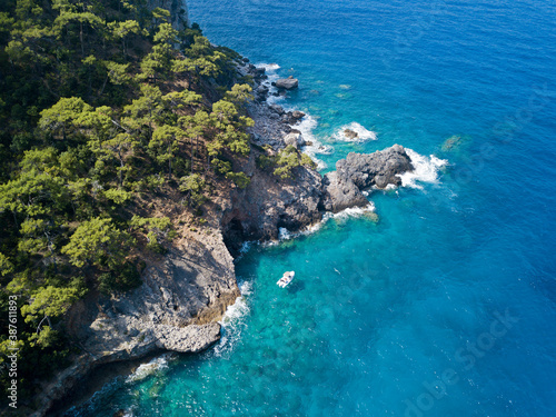 Aerial view of rocky coastline in Kabak Cove Fethiye Turkey