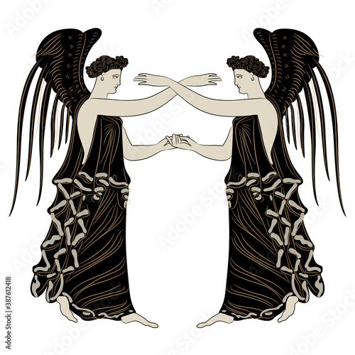Symmetrical vintage decor with two winged ancient Greek goddesses. Nike or Hebe. Antique angels.