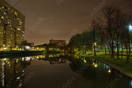 City pond in the autumn night.