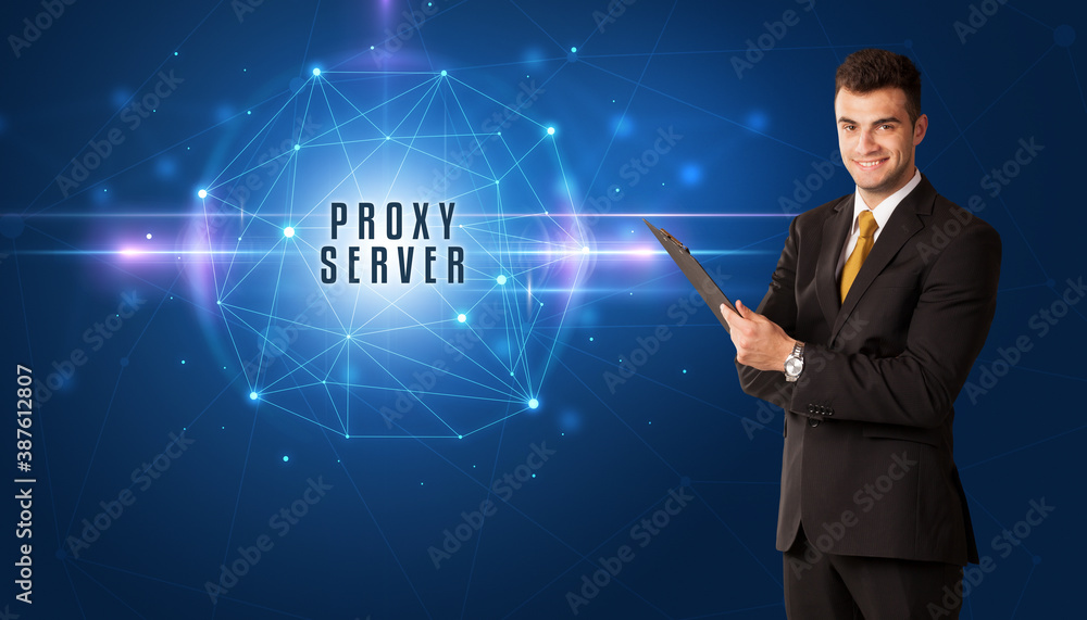Businessman thinking about security solutions with PROXY SERVER inscription Businessman thinking about security solutions with PROXY SERVER inscription