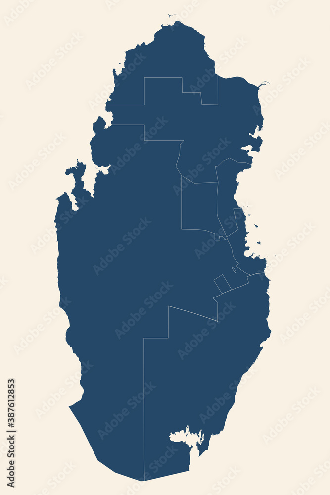 Qatar provinces map. Cyan blue, cream white background. Modern geographical chart backgrounds.