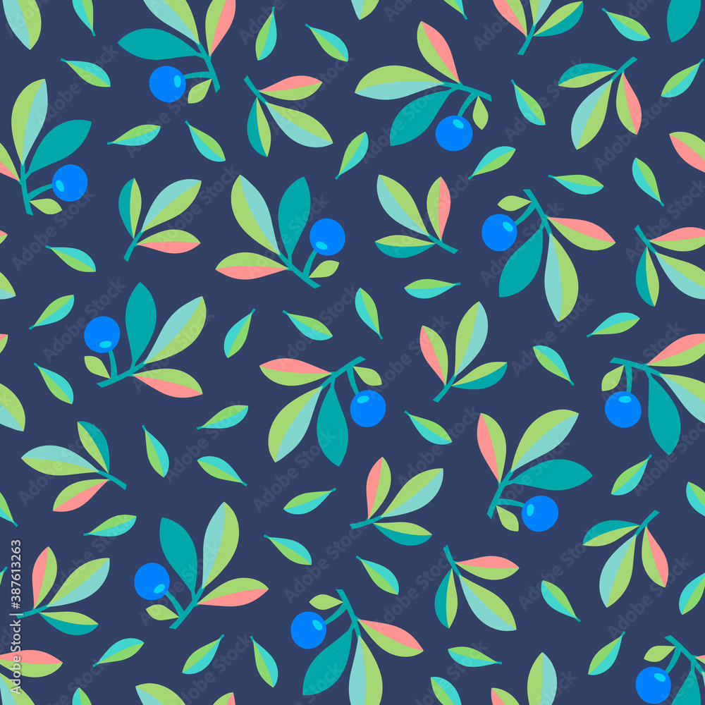Blueberry branches and leaves on navy blue background scattered seamless pattern. Blueberry branches and leaves on navy blue background scattered seamless pattern.