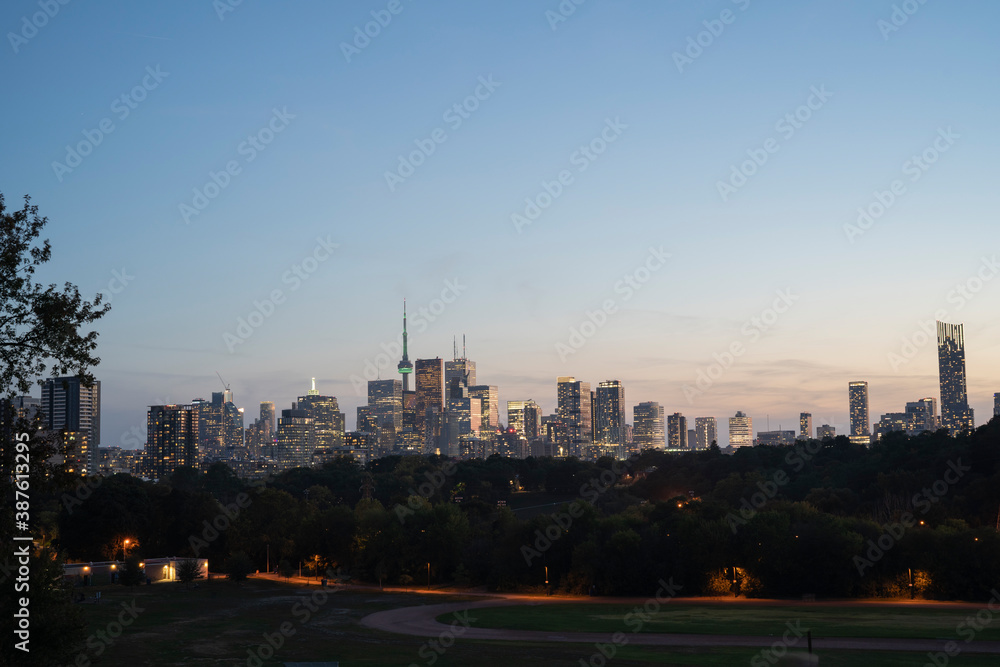 Nightview of Toronto City Skyline from Riverdale Park in Ontario Canada