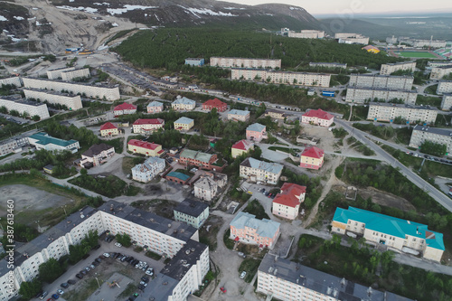 Aerial Townscape of Kirovsk Town located in Northwestern Russia on the Kola Peninsula photo