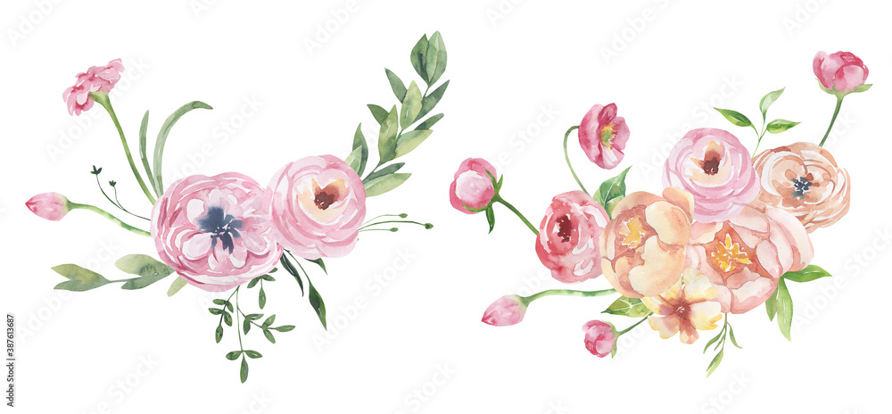 Watercolor floral illustration - leaves and branches frame with flowers and leaves for wedding stationary, greetings, wallpapers, background. Roses, green leaves. High quality illustration
