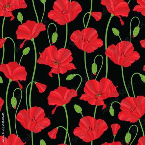Raster illustration. Red poppy flower repeat pattern. 
