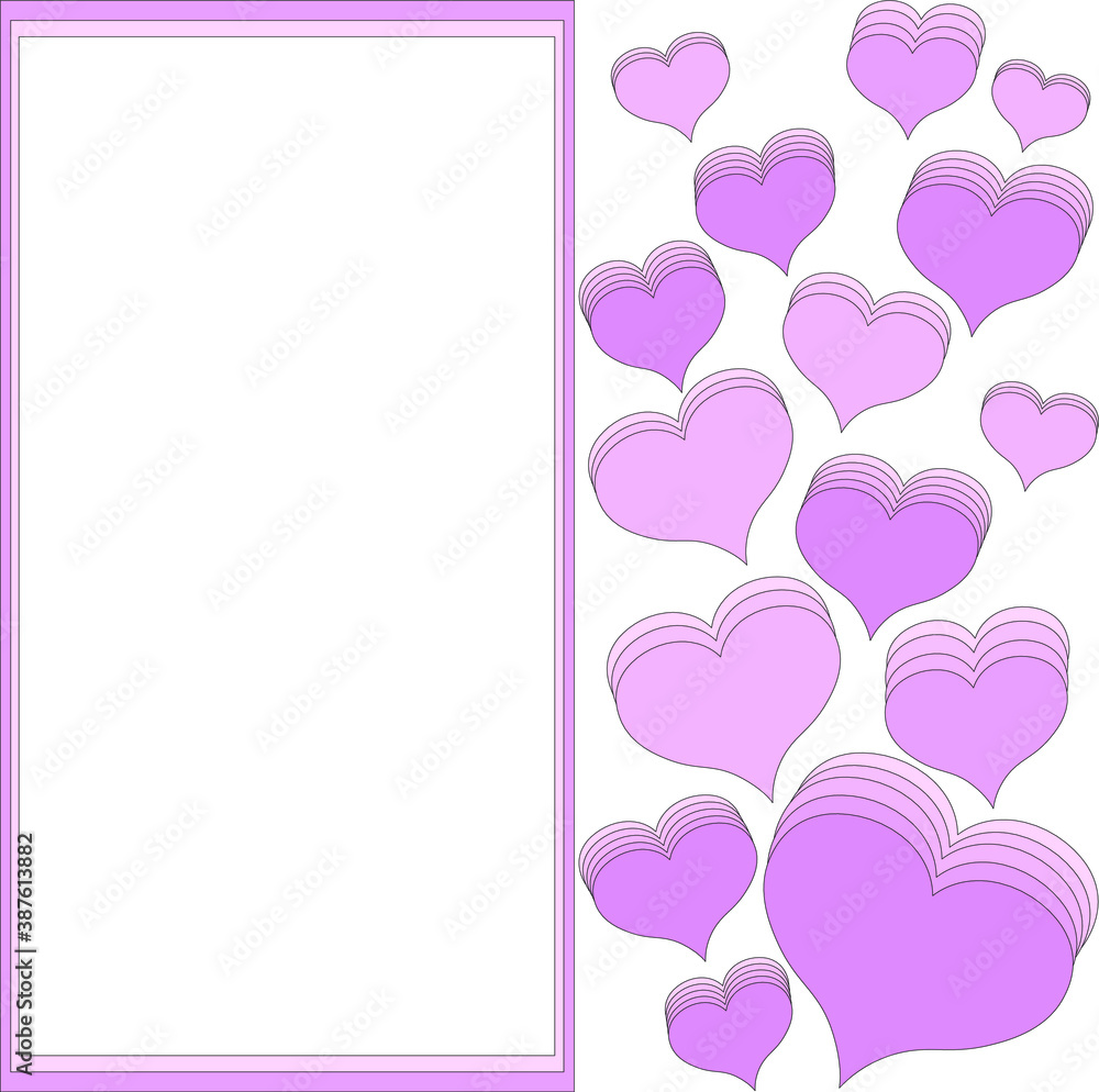 Romantic greeting card with large purple-pink hearts. Shadows from many hearts of different sizes. Place under the label. Copyspace. Congratulations on Valentine's day, anniversary, wedding