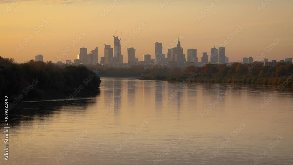 Sunset over city downtown seen from Siekierkowski Bridge in Warsaw, capital of Poland, 4k video Sunset over city downtown seen from Siekierkowski Bridge in Warsaw, capital of Poland, 4k video