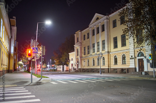Brest, Belarus - October 22, 2020 - Clean empty street at night. Small town Brest in Belarus