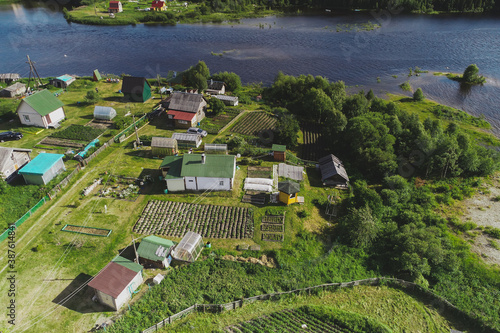 Aerial Townscape of Suburban Village Kolvica located in Northwestern Russia on the Kola Peninsula Kandalaksha Area