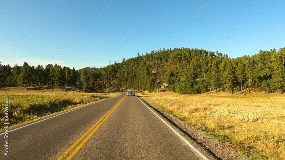 Following horse trailer Black Hills of South Dakota POV 4K. Black Hills of South Dakota. Mountain, valley, landscape scenic discovery. State Park with wildlife, lakes, campgrounds and picnic areas. Following horse trailer Black Hills of South Dakota POV 4K. Black Hills of South Dakota. Mountain, valley, landscape scenic discovery. State Park with wildlife, lakes, campgrounds and picnic areas.