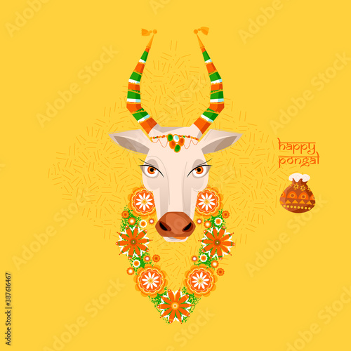 Happy Pongal. Decorated cow and rice in traditional pot. Greeting card for Indian harvesting festival.