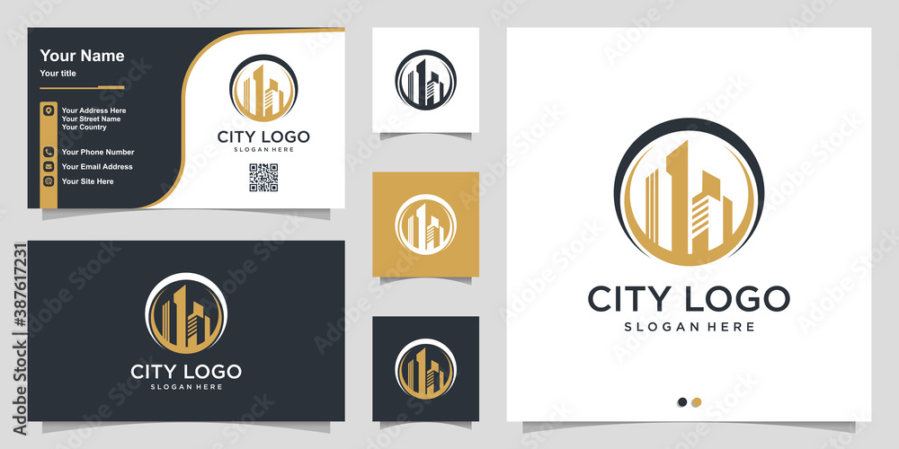 City logo with modern circle concept and business card design template Premium Vector