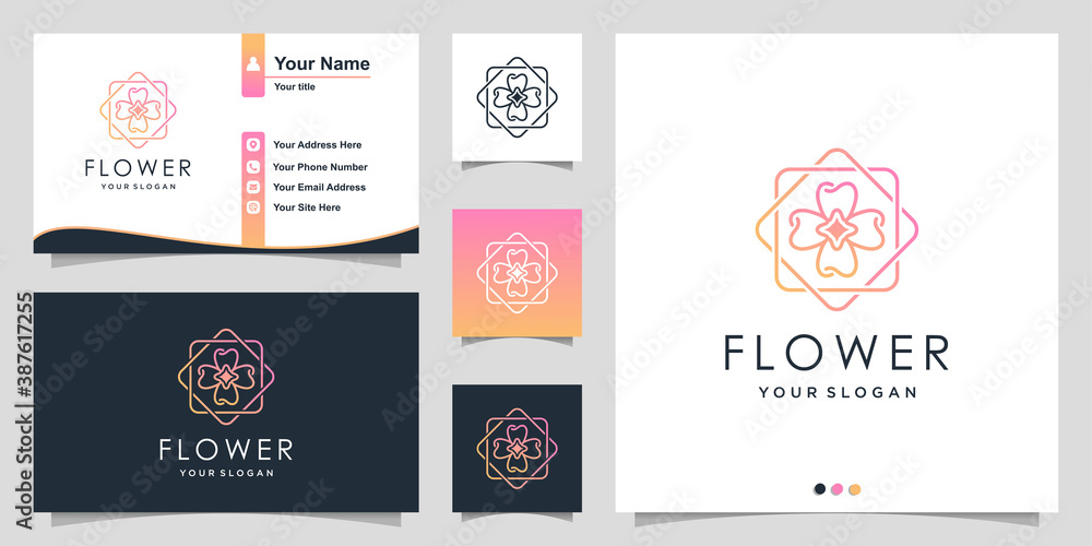 Flower logo with modern line art style and business card design template Premium Vector