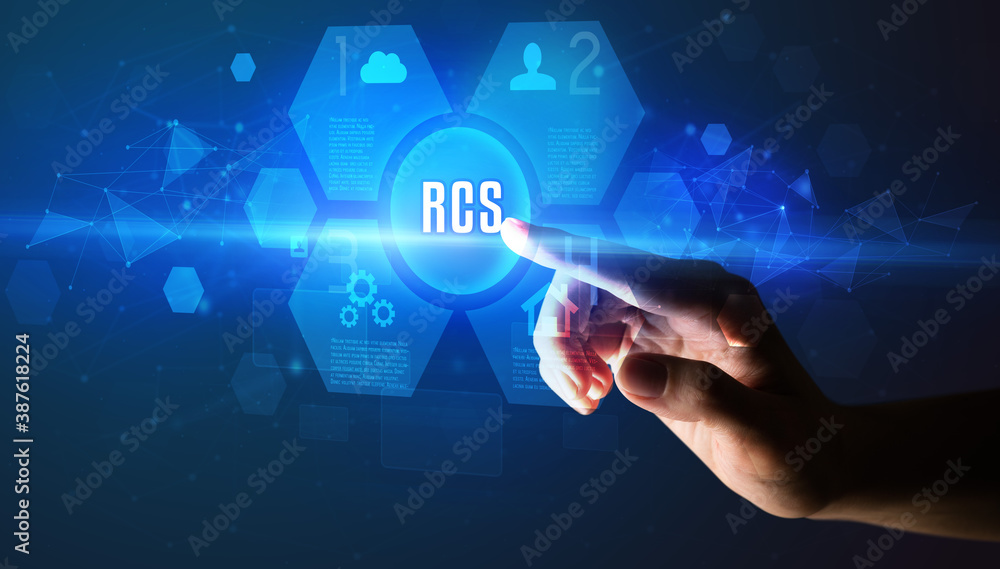 Hand touching RCS inscription, new technology concept Hand touching RCS inscription, new technology concept