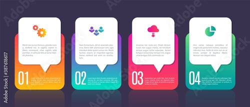 Infographic template chart elements. Business process with four steps. Digital presentation, web site interface, smart mobile option. Vector organization bright information diagram, template with text