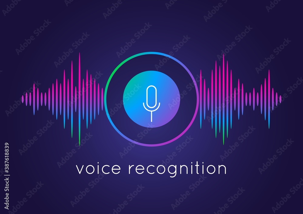 © SpicyTruffel - Voice recognition concept. Artificial intelligence recognizes speech. Microphone round button icon and soundwave. Smart technologies, media application template. Vector audio recording illustration