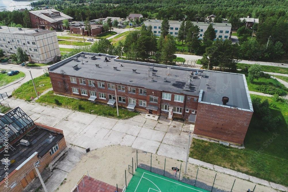 Aerial Townscape of Luvenga Town located in Kandalaksha Area in Northwestern Russia on the Kola Peninsula