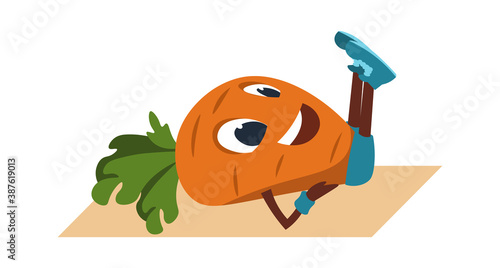 Cartoon carrot doing exercise. Vegetable mascot lying on gymnastic mat. Sport activity in gym, home or outdoor. Health food for training greengrocer advertising. Vector fitness and yoga illustration