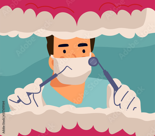 Dentist and patient. Doctor treats teeth, man in dental chair, mouth checkup and examination, professional diagnostic in clinic. Health care, oral hygiene. Vector medical instruments illustration