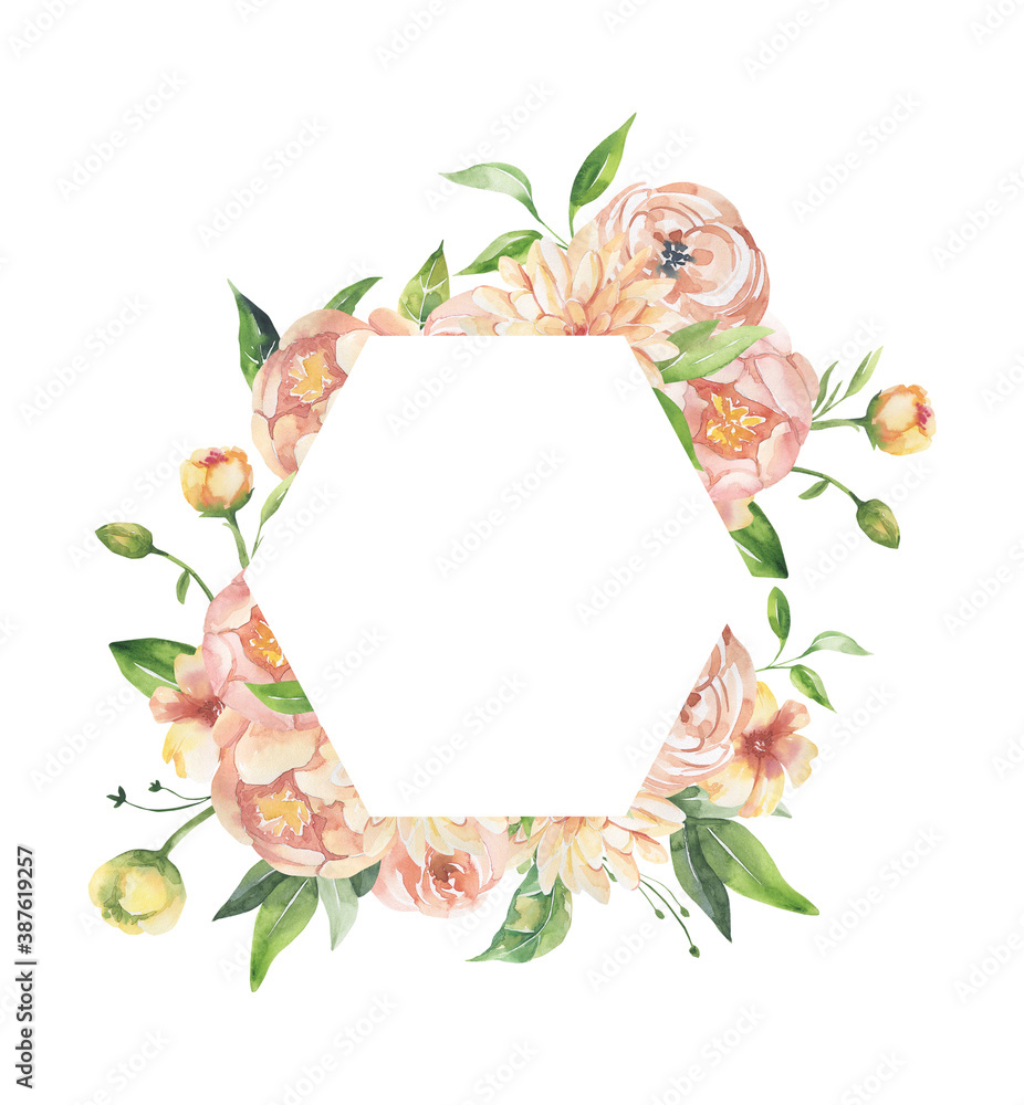 Fototapeta premium Watercolor floral illustration - leaves and branches frame with flowers and leaves for wedding stationary, greetings, wallpapers, background. Roses, green leaves. High quality illustration