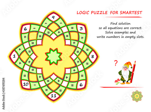 Math logic puzzle game for smartest. Find solution so all equations are correct. Solve examples and write numbers in empty slots. Page for brain teaser book. Memory training exercises for seniors.