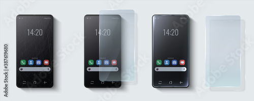 Screen protector glass. Realistic phone mockup with wrecked distressed plastic, dust rough scratches. Damaged smartphone screen and mobile with protection display coating. Vector advertising template