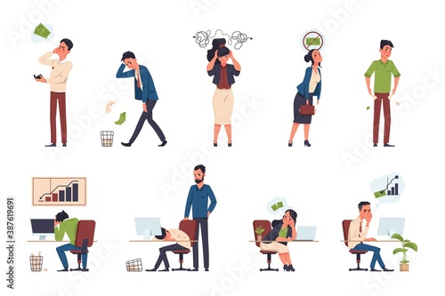Bankruptcy. Financial trouble concepts. Stressed cartoon characters, office workers with economic, business problems. People with outstanding payments, debts or bank loans. Vector poverty isolated set