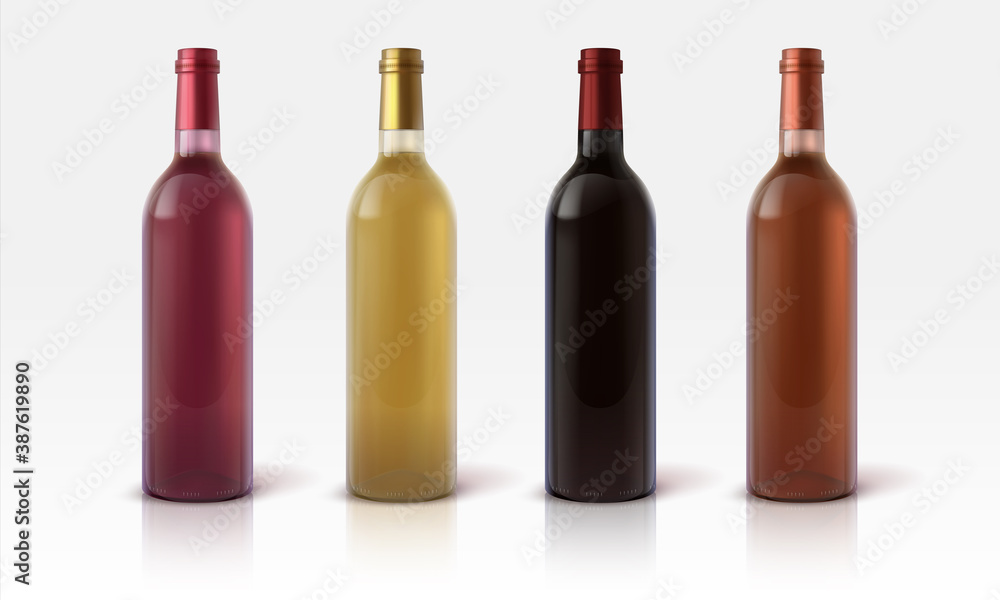 Wine bottles. Realistic mockup of glass container for alcoholic beverages, 3D green red and yellow grape juice drinks. Blank vessel for branding, product advertising template, vector isolated set Wine bottles. Realistic mockup of glass container for alcoholic beverages, 3D green red and yellow grape juice drinks. Blank vessel for branding, product advertising template, vector isolated set