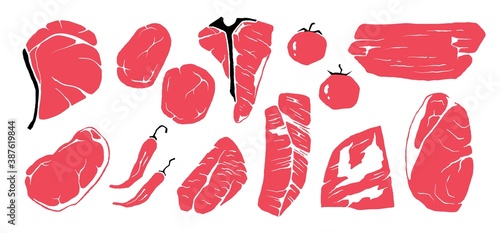 Steak. Hand drawn beef cuts, grunge doodle fillet and tomato, spicy pepper in red color. Sketch of Sirloin, Tri-Tip or T-Bone, Rib-Eye and Mignon, Flank or Top Blade. Vector Porterhouse set