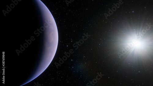 super-earth planet, realistic exoplanet, planet suitable for colonization, earth-like planet in far space, planets background 3d render