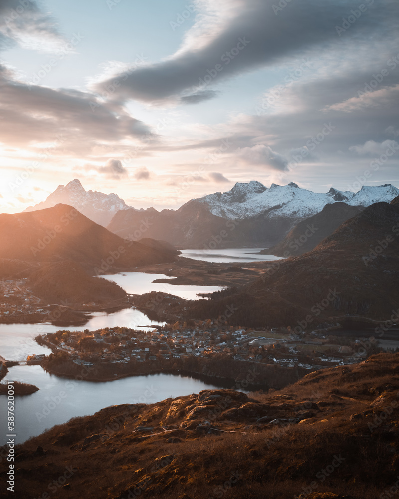 A sunset over the mountains in Lofoten