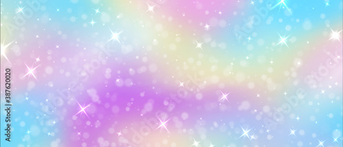 Fantasy background. Rainbow unicorn sky texture with glitters and magic colorful pink and purple gradient with glowing stars. Mermaid and galaxy decoration brilliant effect vector horizontal banner