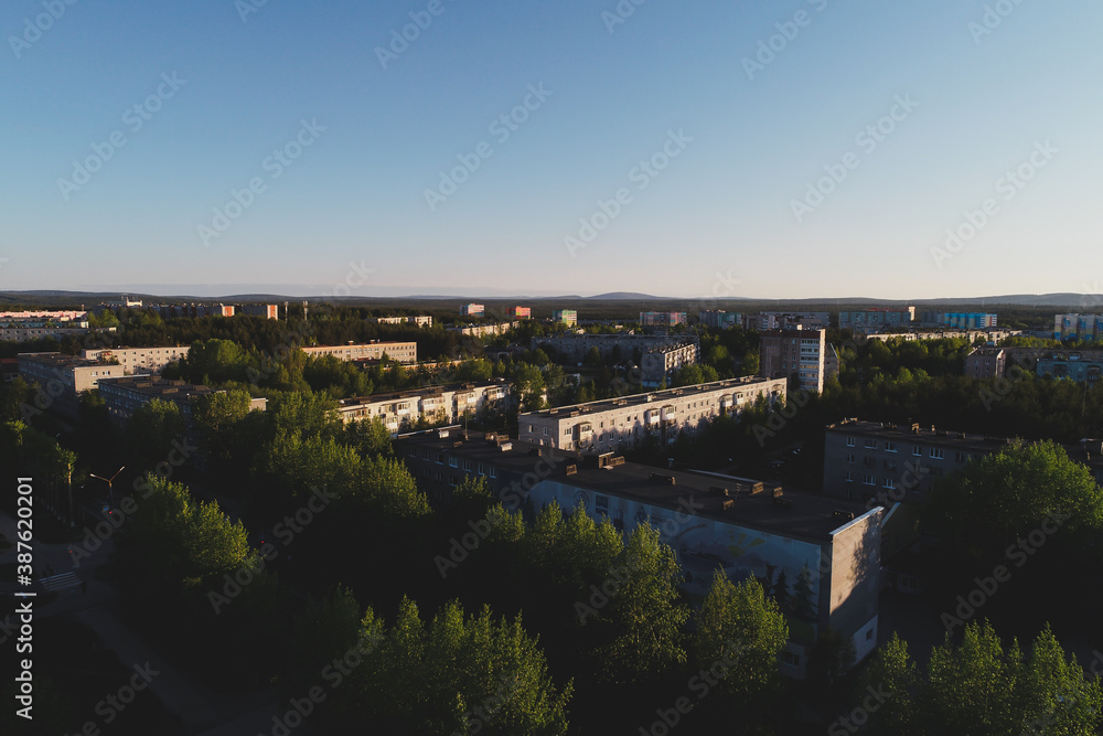 Aerial Townscape of Town Poliarnye Zori located in Northwestern Russia
