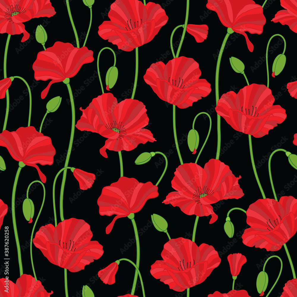 vector illustration. red poppy flower repeat pattern. 