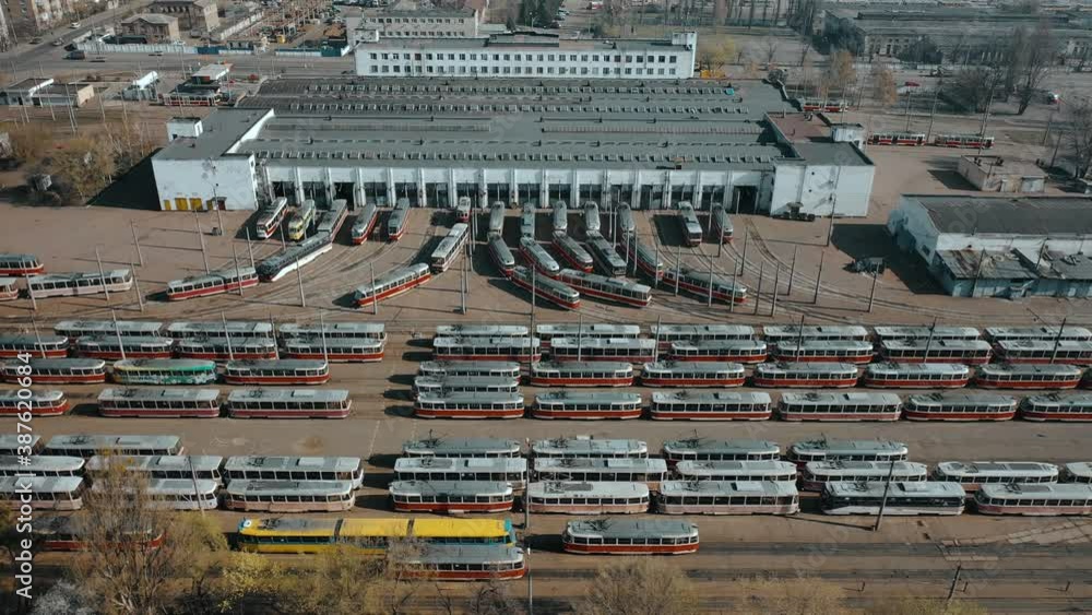 Trams in the depot parked, view from above. Trams in the depot parked, view from above.