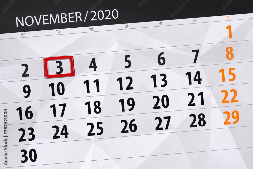 Fototapeta premium Calendar planner for the month november 2020, deadline day, 3, tuesday