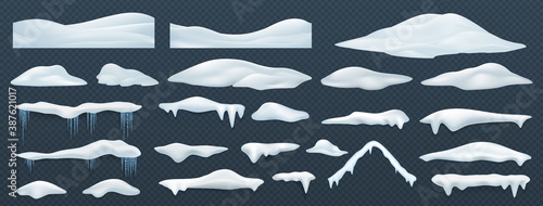 Snow piles. Realistic snowdrift, window and rooftop ice caps with icicles decorative elements. Winter white snowcaps, snowy top effect. Cold season snowflake template, vector frozen isolated set
