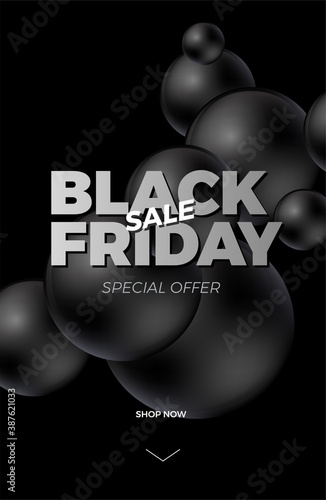 Black Friday sale banner. Minimal modern poster design template with 3d black balls. Social media product promotion web banner. Trendy abstract background. Vector illustration.
