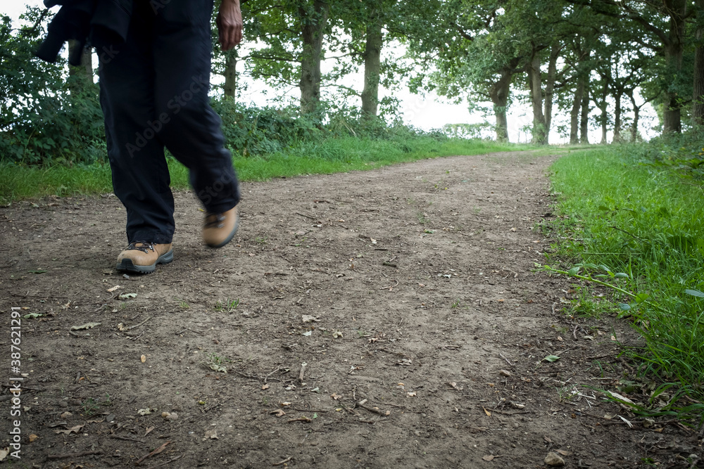 Woman walking on a footpath through woods in UK countryside Woman walking on a footpath through woods in UK countryside