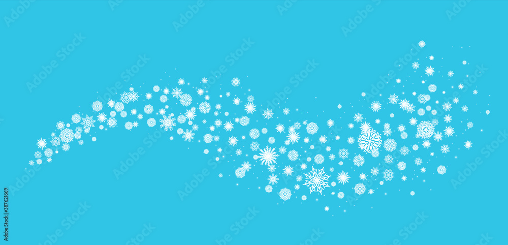 Snowflakes wave. Decorative curve of winter Christmas ornamental snow symbols. New Year mockup for decoration holiday invitations and greeting cards, snowstorm xmas effect. Vector snowfall background