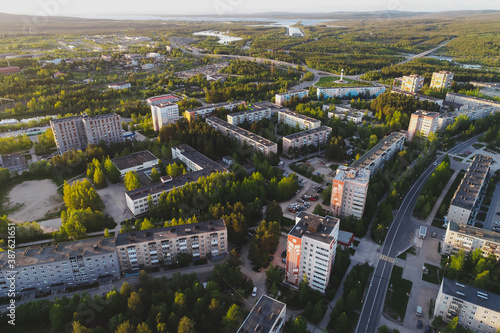Aerial Townscape of Town Poliarnye Zori located in Northwestern Russia 