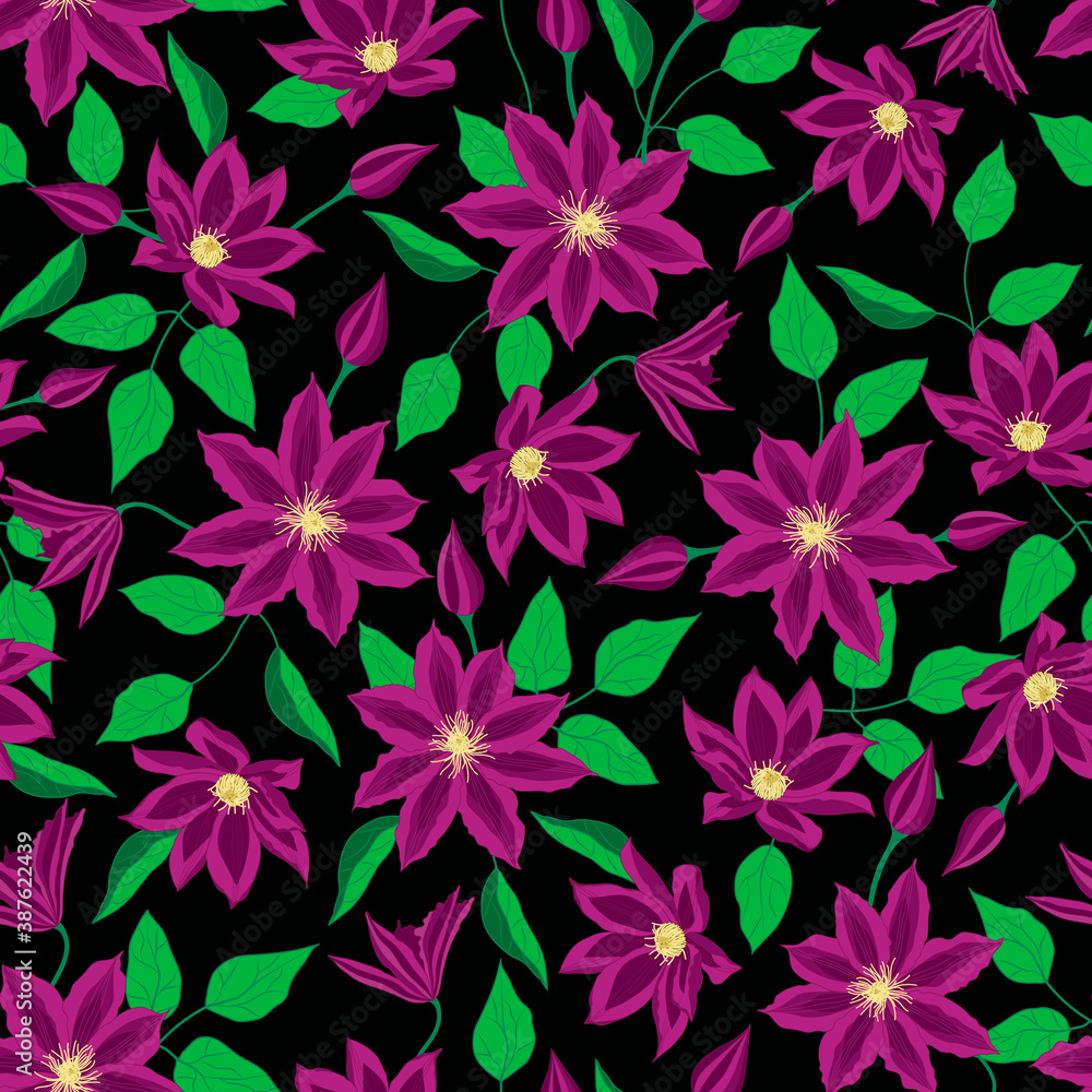 Raster version. purple clematis flowers repeat pattern on black background.