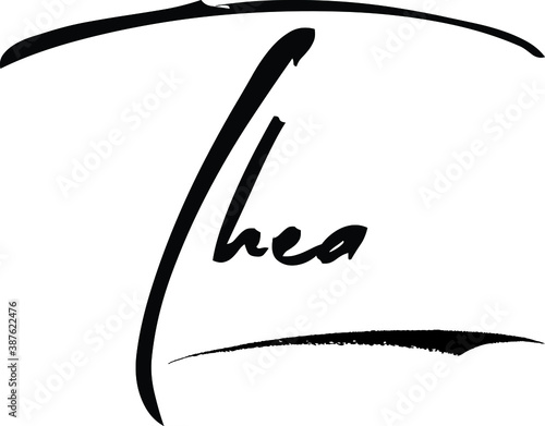 Thea-Female Name Modern Brush Calligraphy Cursive Text on White Background