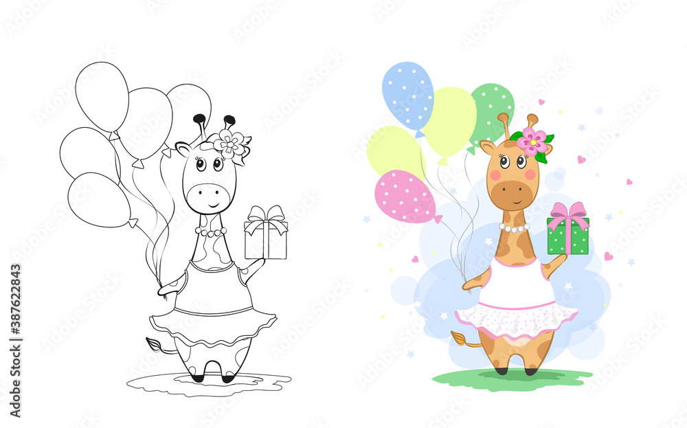 Vector illustration of cute giraffe with gift and balls,isolated on white background.Children's coloring book. Vector illustration of cute giraffe with gift and balls,isolated on white background.Children's coloring book.